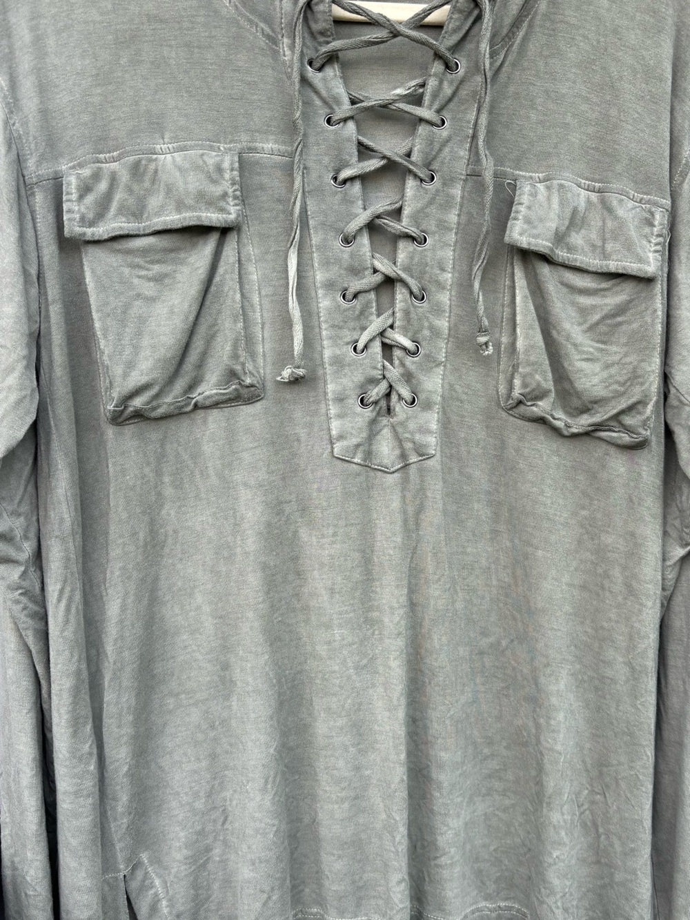 POL lace-Up Pocket Front Tunic in Washed Sage. NWOT